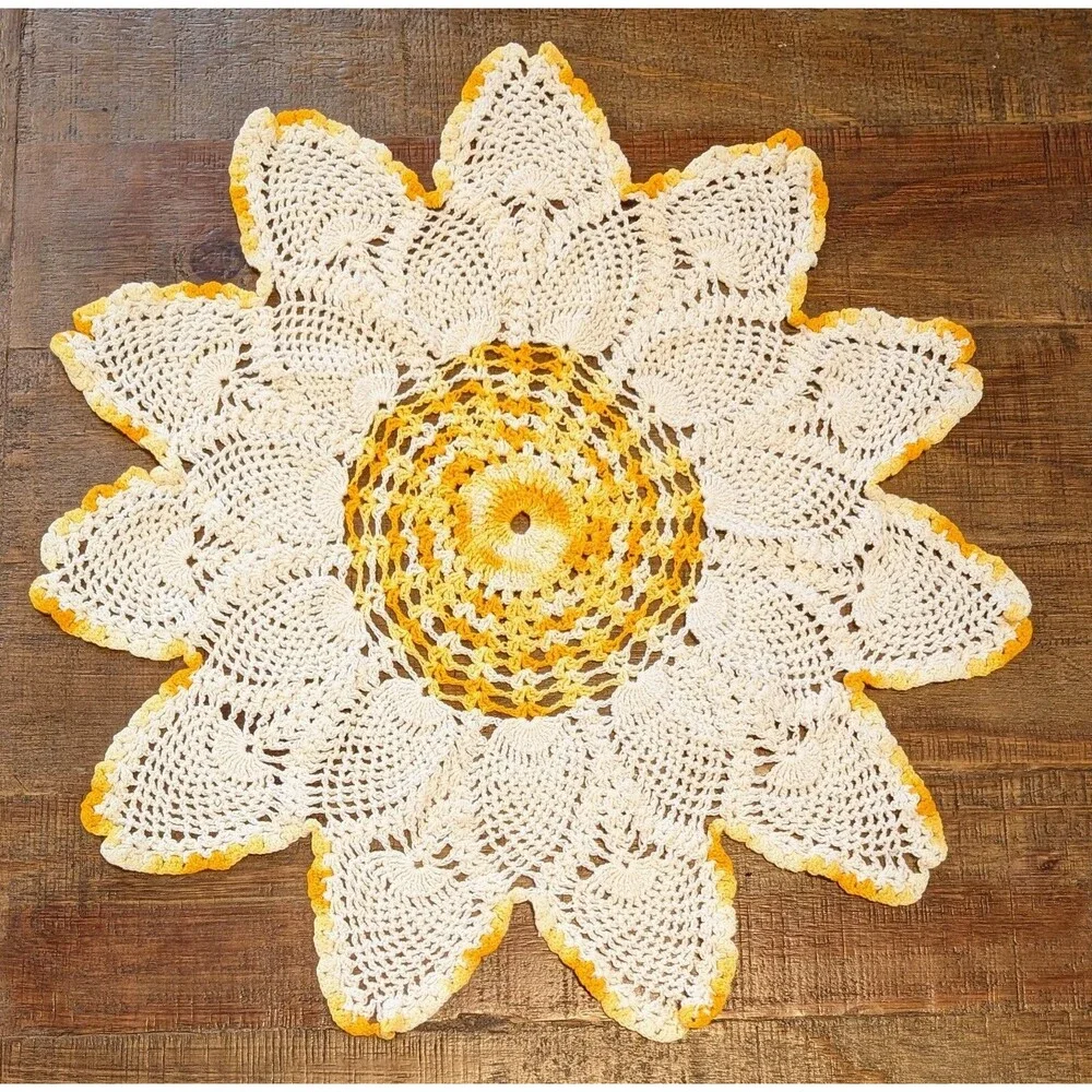 Large Star Shaped Round Crocheted Cotton Doily Orange Off-White  21.75